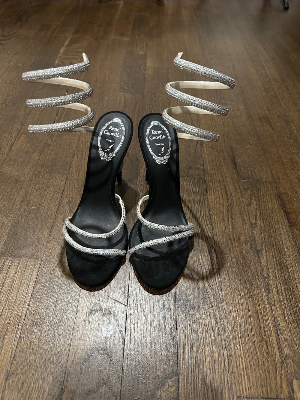 Rene Caovilla Black Satin Sandals with Silver Crystal Spiral Straps
